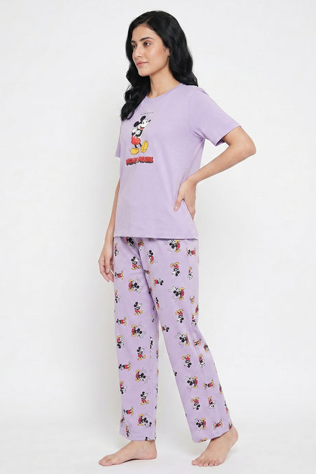 Zivame Mickey Mouse Knit Cotton Loungewear Set - Pastel Lilac — image 3